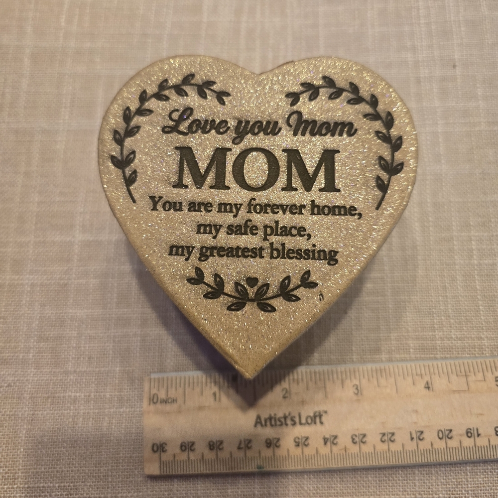 Heart-Shaped "Love You Mom" Decorative Keepsake - Gold Glitter 3x2 Paper mache